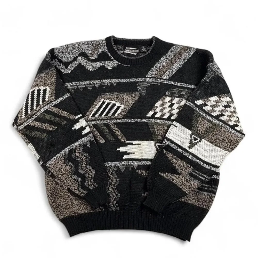 90s Vintage Knit Sweater Mens XL Black Grey Coogi Geometric Grunge Streetwear